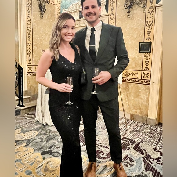 Black sequence, feather, open back formal dress from Lulu’s worn once! - Picture 2 of 5